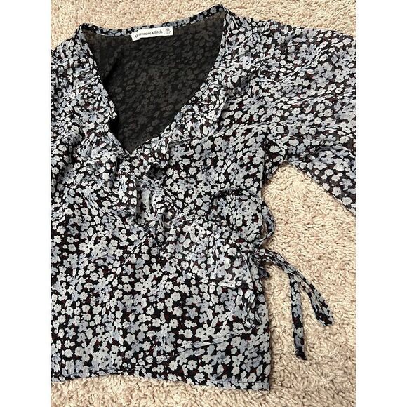 Abercrombie & Fitch Floral puff sleeve wrap tie ruffle v-neck blouse top - Picture 4 of 4